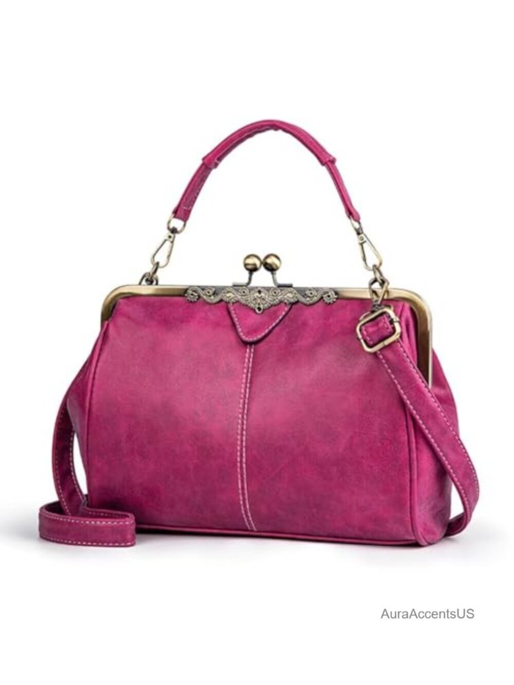 Vegan Leather Satchel Handbag with Kiss Lock, Adjustable Crossbody Strap